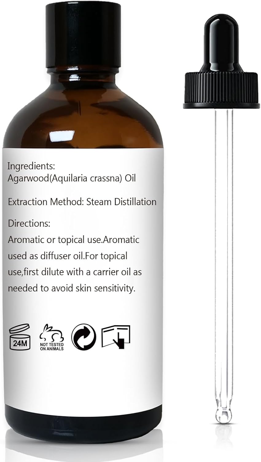 Agarwood Essential Oil 3.38oz/100ml, Pure Qud Oil for Relaxation, Meditation, SPA, Aromatherapy Diffuser