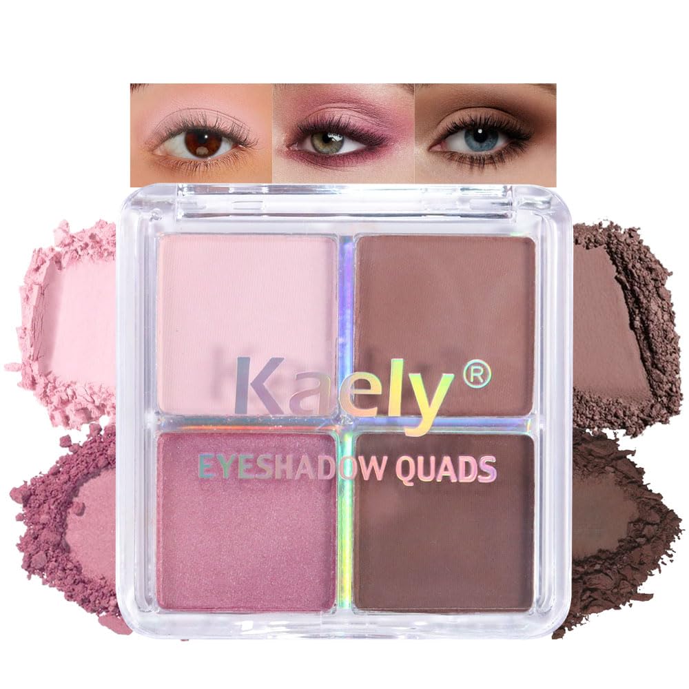 Kaely Powder Eyeshadow Quad, Pink Chocolate Matte Shimmer Eyeshadow Palette Makeup, Neutral Eye Shadow Palette for Older Women Pigmented Waterproof, sombras para ojos, Blendable, Cruelty-free, 14