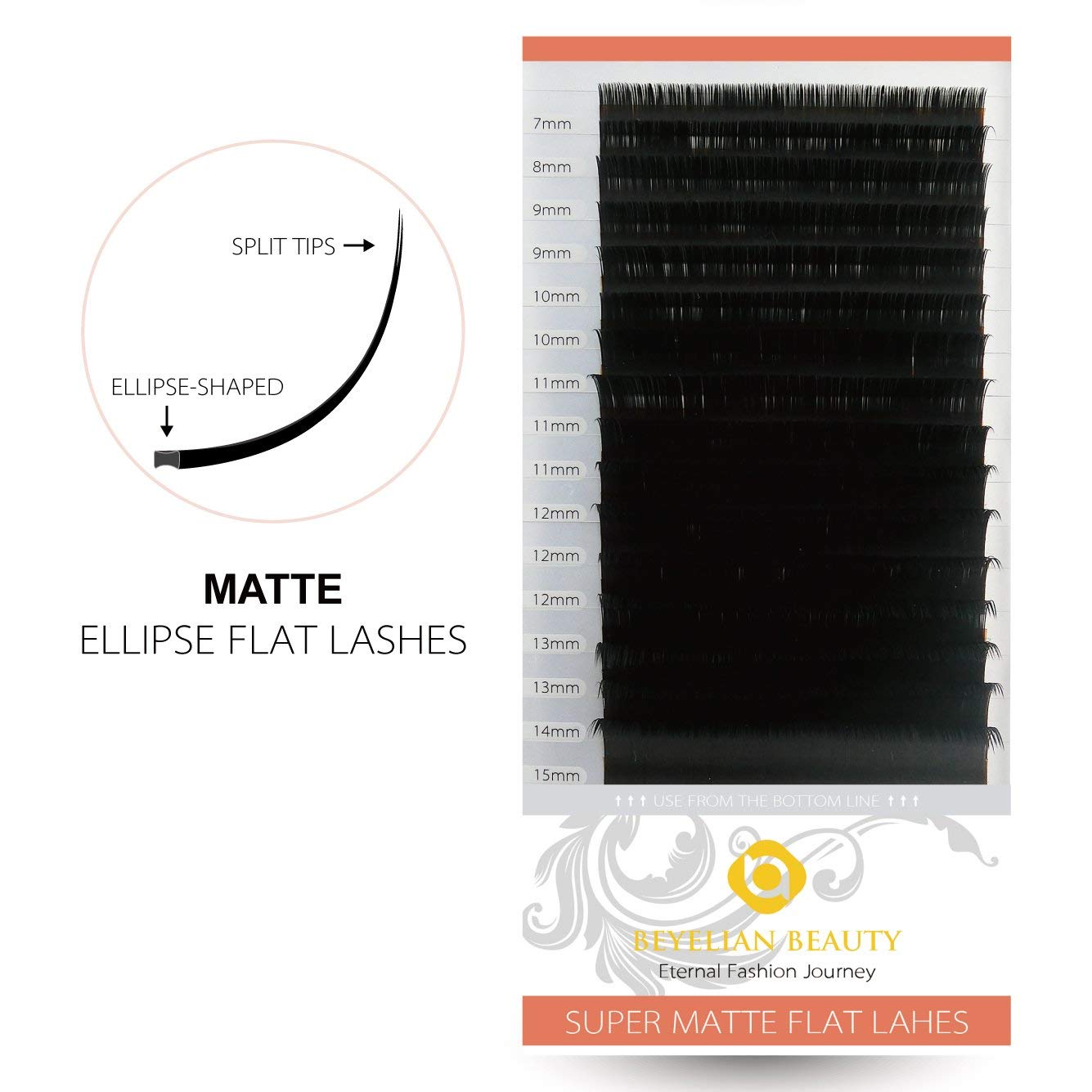 BEYELIAN Ellipse Flat Lash Extension 16 Rows 0.15/0.20 C/D Curl 7-15mm Mix & Single Length Tray, Matte Black Classic Eyelash Extensions Supplies (0.15 D 7-15mm)