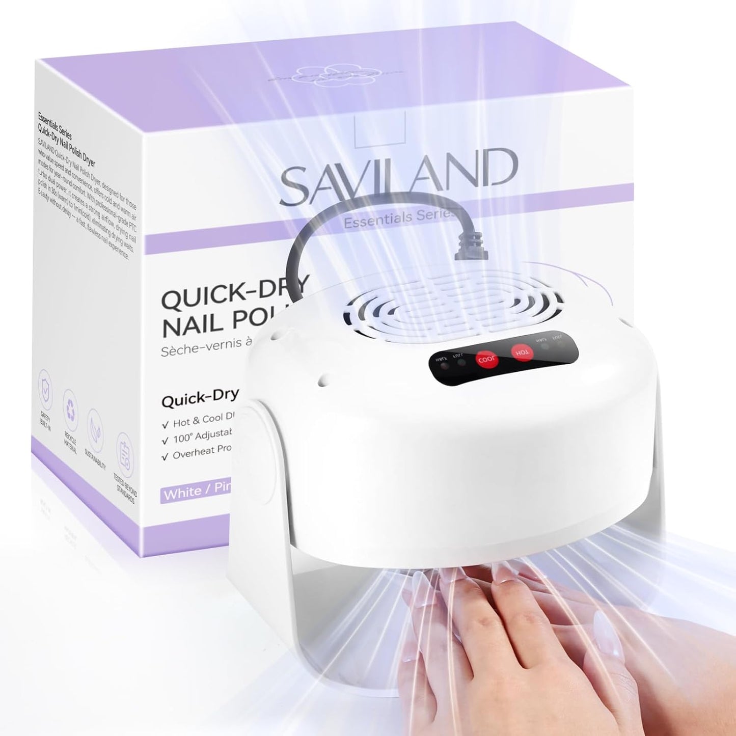 SAVILAND Essentials 600W Fast Nail Dryer: 6X Fast Drying Nail Polish Dryer for Regular Polish Nail Fan With Adjustable Angle Fingernail Dual Heating & Cooling Modes Dry Nail Dehydrator for Salon White