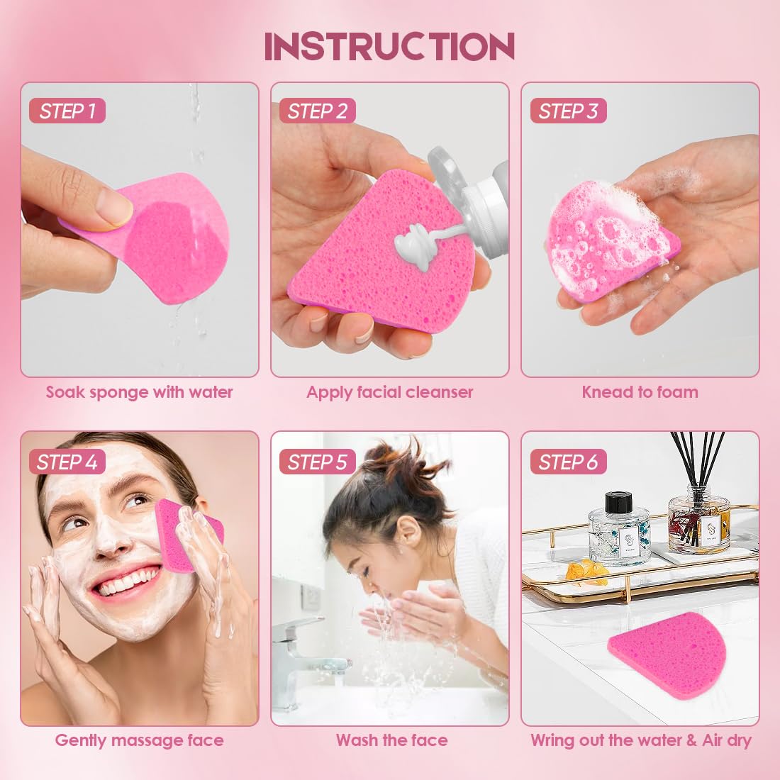 AIDEA 48Count Compressed Facial Sponges Pink, Disposable Face Sponges, 100% Natural Cellulose Cosmetic Spa Sponges for Facial Cleansing, Exfoliating, Makeup Remover Pads, Travel Essentials