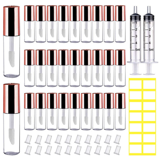 AMORIX 50PCS Mini Lip Gloss Tubes with Wand 1.2ml Empty Lip Gloss Containers Refillable Travel Lip Balm Bottles for Samples with 5ml Syringes DIY Lip Gloss Base + Tag Labels (Rose Gold)