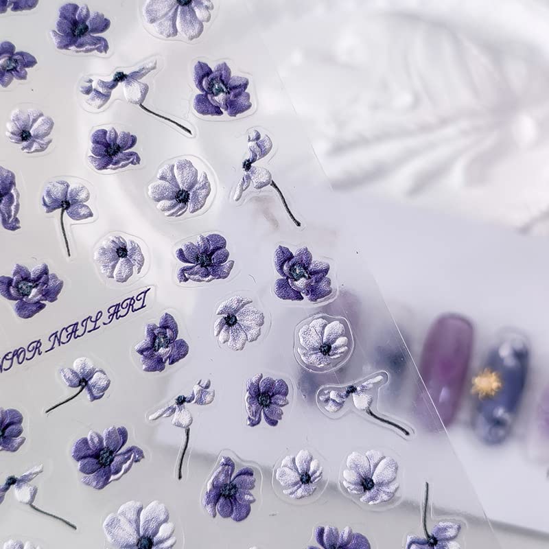 Flower Nail Art Stickers 5D Embossed Purple Floral Nail Stickers for Nail Art Self-Adhesive Nail Design Stickers 1 Sheets Nail Art Decoration Nail Supplies Accessories (1, Purple Flower)