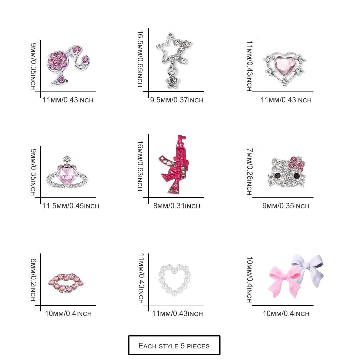 Barbiecore Nail Charms, Pink Gun Head Lip Heart Saturn Rhinestione Nail Art Charms Nail Jewelry Decorations Acrylic Nail Gems Accessories for Women Girl DIY Crafts Supplies
