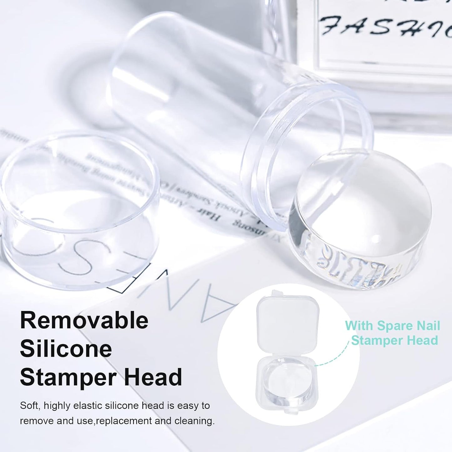 X&D Nail Art Stamper Clear Jelly Nail Art Stamping Transparent Silicone Rubber Nail Polish Stamper with Acrylic Scraper, Spare heads, Stainless Steel Plate Kit for French Tips and Transfer Images B