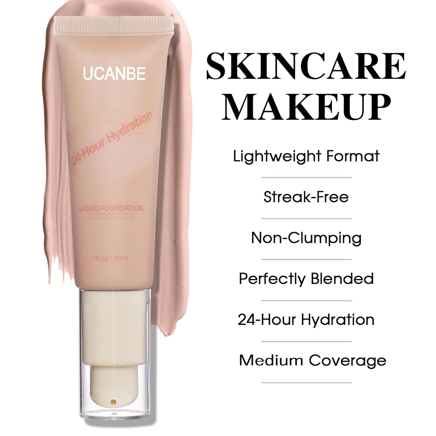 UCANBE Matte Liquid Foundation with Brush, Serum Foundation Face Makeup with Hyaluronic Acid, Medium to Full Coverage Waterproof Oil Control Longwear, for Mature Skin, Natural Ivory, 1 fl. oz.