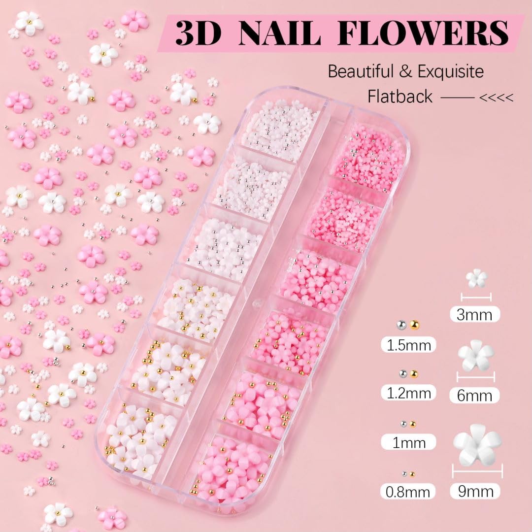 3D Flowers for Nails, Colorful Acrylic Flower Nail Charms with Caviar Beads, Flat Back Glass Crystal AB + Clear Gemstones Round Gems Rhinestones for Nails and Acrylic Nails with Dotting Tools