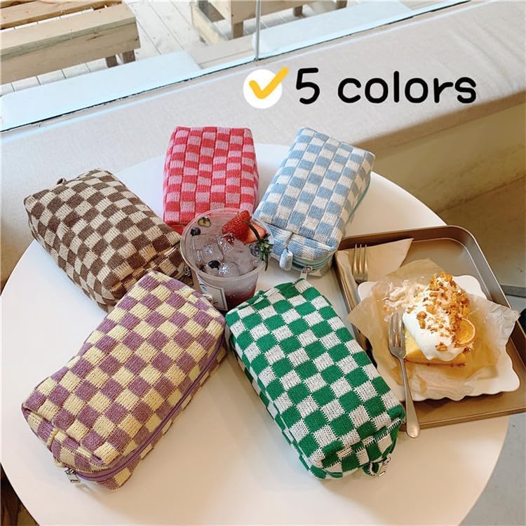 PAZIMIIK Checkered Makeup Bag for Purse Portable Zipper Make Up Pouch Small Cosmetic Case for Travel Accessories (2PCS Coffee)