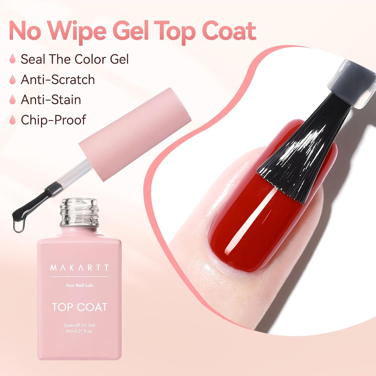 Makartt Gel Top Coat - 2PCS No Wipe Top Coat Gel Nail Polish, Long-Lasting Glossy Finish, Clear Nail Polish, Non-Yellowing, Pink Bottle, Soak Off with UV/LED Lamp, DIY Manicure Gift for Women