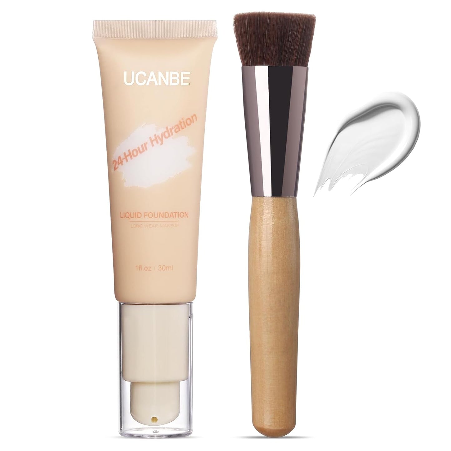 UCANBE White Liquid Foundation with Brush, Skincare Serum Foundation Face Makeup with Hyaluronic Acid, Medium to Medium to Full Coverage Waterproof Oil Control Longwear, for Mature Skin, 1 fl. oz.
