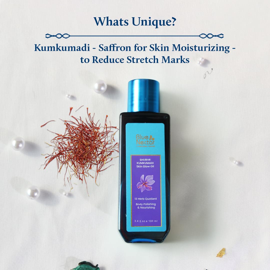Blue Nectar Kumkumadi Body Oil for Glowing Skin | Moisturizing Body Oil for Dry Skin with Relaxing Aroma | Plant Based Body Oil for Women & Men (12 Herbs, 6.76 fl oz)