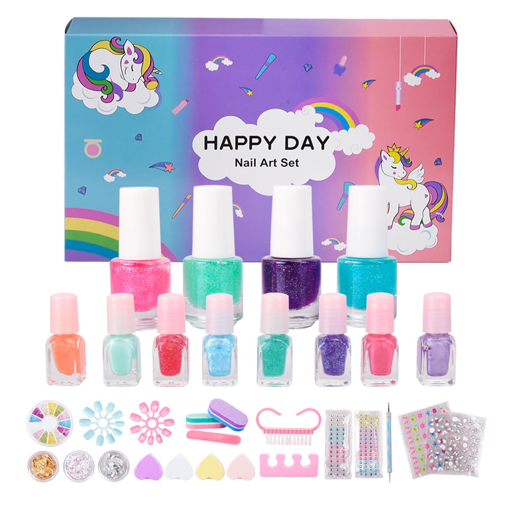 Nail Art Kit with Non-Toxic Nail Polish for Girls, 34Pcs Kids Nail Design Tool Set with Peel-off Nail Polishes, Dotting Pen, False Nail, DIY Sticker, Nail Decoration Gift for Girls Age 6-15