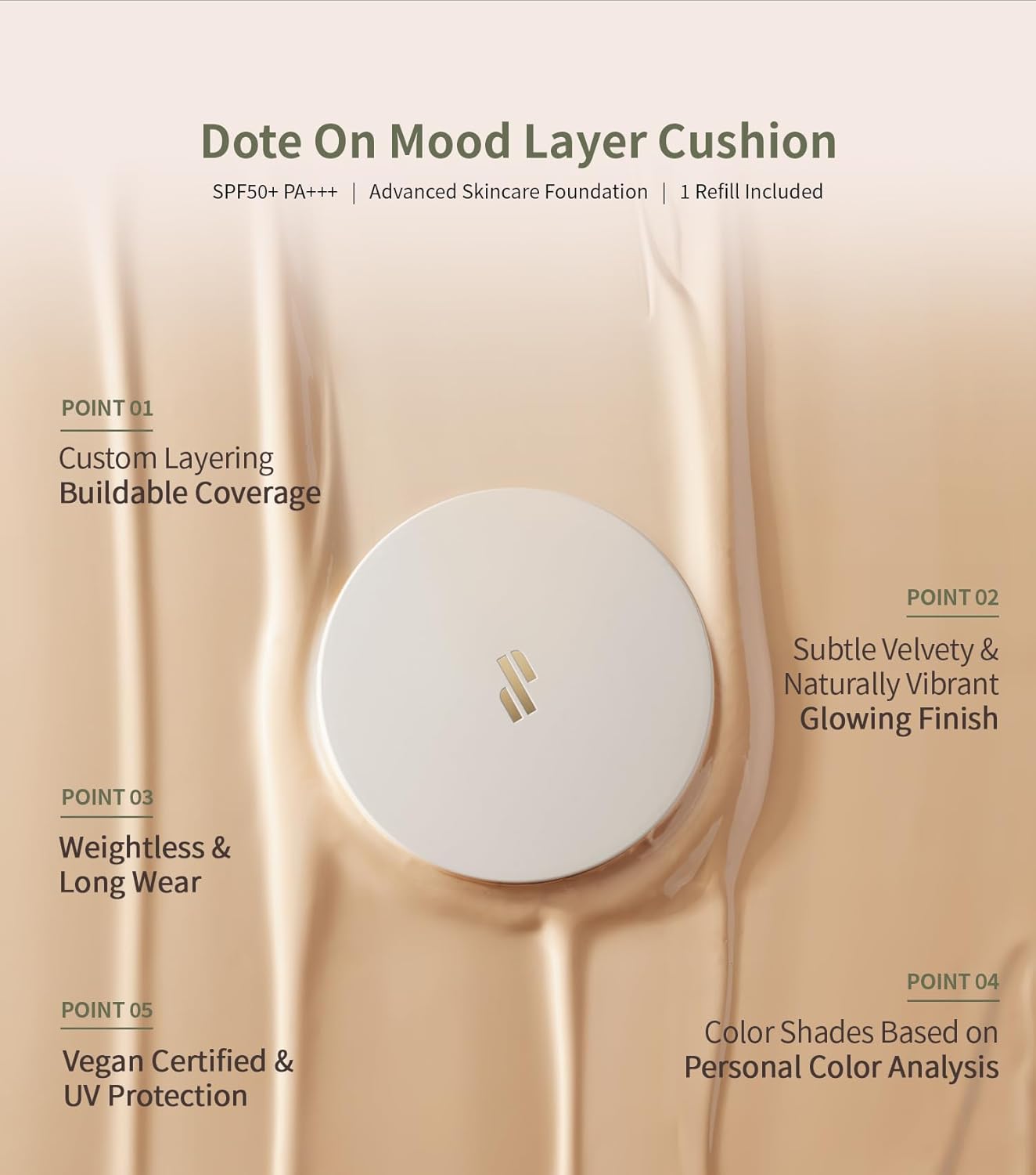 Heart Percent Dote on Mood Layer Cushion SPF 50+/PA+++ with Refill, Satin Glow Silky Flawless Finish Full Coverage Advanced Skincare Foundation (#21Y)