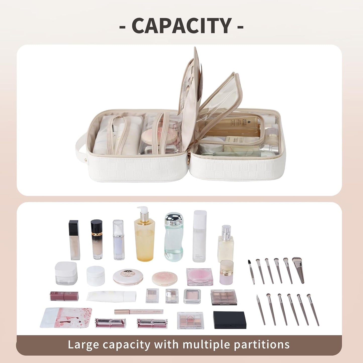 RIGHT AWAY Travel Toiletry Bag for Women, Waterproof Makeup Bag&Case, Portable Cosmetic Organizer Checkered Make up Bag for Full Sized Toiletries，Cosmetics and Travel-Size Accessories,White Checkered