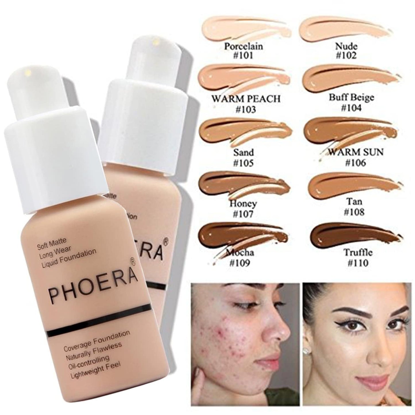 Hilareco PHOER Foundation, 2pcs- 101- Porcelain, Full Coverage Concealer, Matte Liquid Foundation, Oil-Control, Whitening, Refreshing Moisturizing, Cruelty-Free, Vegan, 30ml