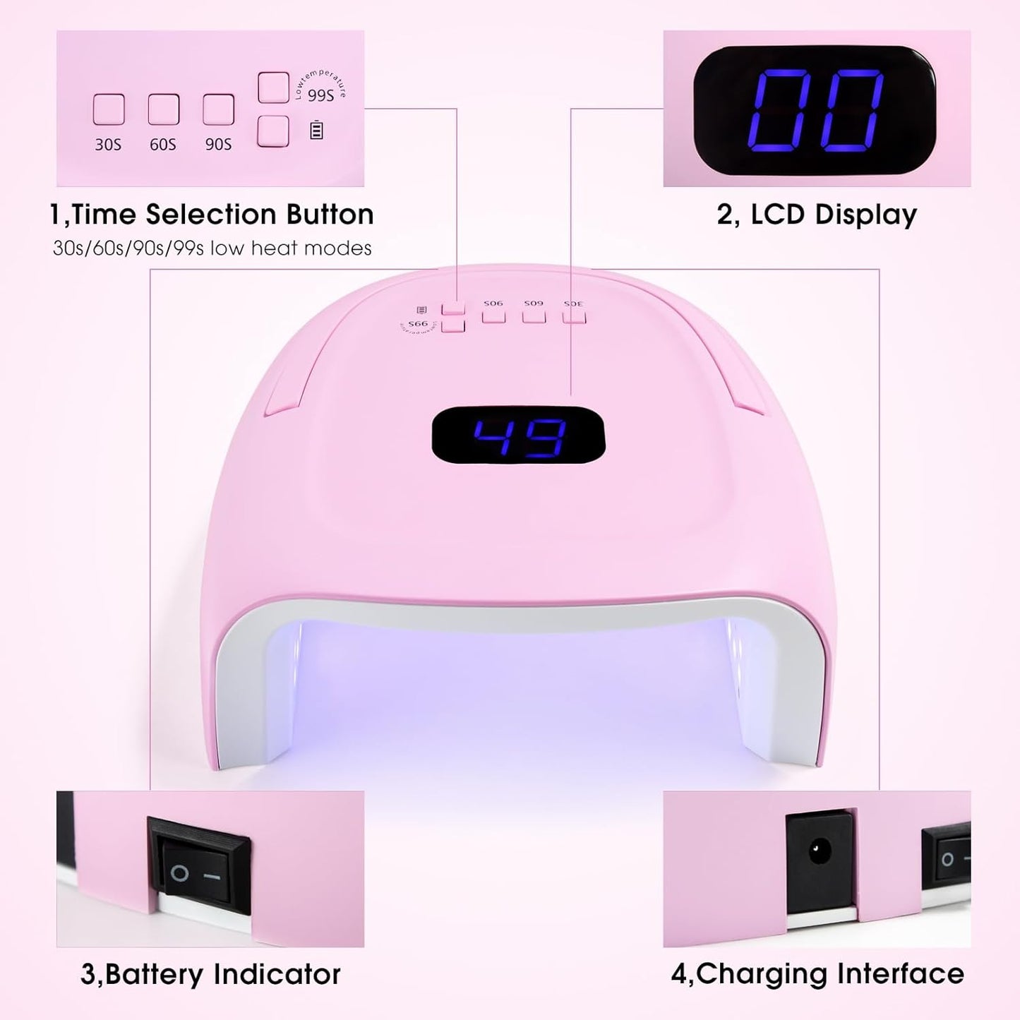 Rechargeable LED Nail Lamp 60W Portable Wireless Nail Dryer UV Gel Polish Light with LCD Display, Auto Sensor and 4 Timer Settings, Professional Curing Lamp with 42 LED Beads for Salon