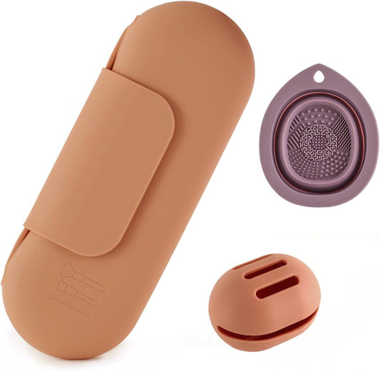 Silicone Makeup Brush Holder Set – Portable Travel Makeup Brush Holder with Makeup Sponge Holder and Foldable Cleaning Bowl – Upgraded 3-in-1 Cosmetic Organizer Set (coffee color)