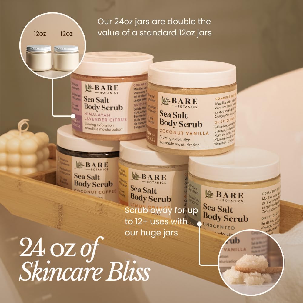Bare Botanics Lavender Tea Tree Body Scrub 24oz | Made in Madison, WI | All Natural Sea Salt Exfoliator w/ Skin Loving Moisturizers | Vegan & Cruelty Free | Gift Ready Packaging w/ a Cute Wooden Spoon