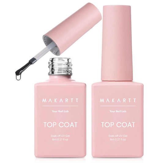 Makartt Gel Top Coat - 2PCS No Wipe Top Coat Gel Nail Polish, Long-Lasting Glossy Finish, Clear Nail Polish, Non-Yellowing, Pink Bottle, Soak Off with UV/LED Lamp, DIY Manicure Gift for Women