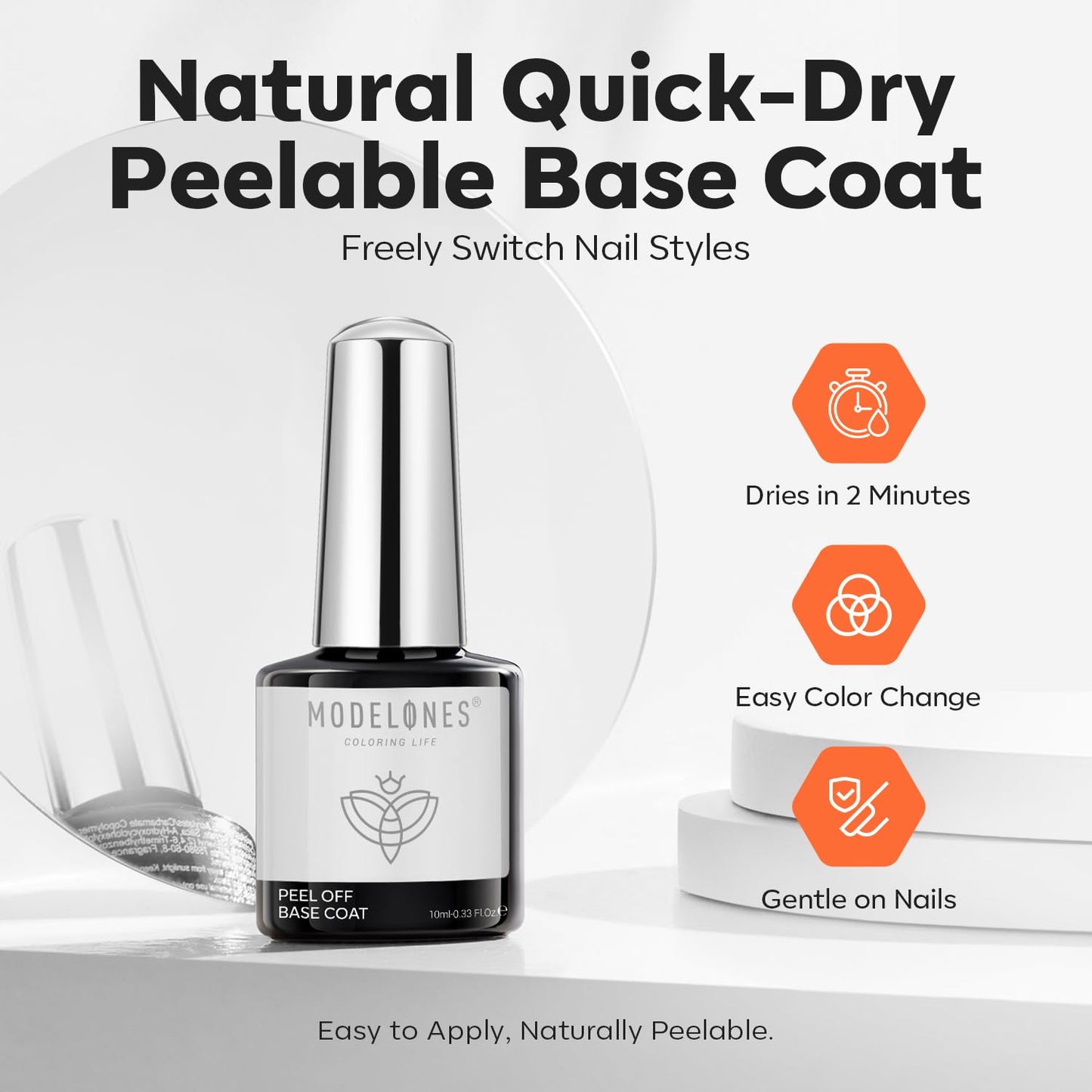 modelones Non-U V Peel off Gel Base Coat, Quick Dry Peelable Base Coat for Gel Nail Polish Beginner Friendly Gentle Protection for Thin & Weak Nails,10ml