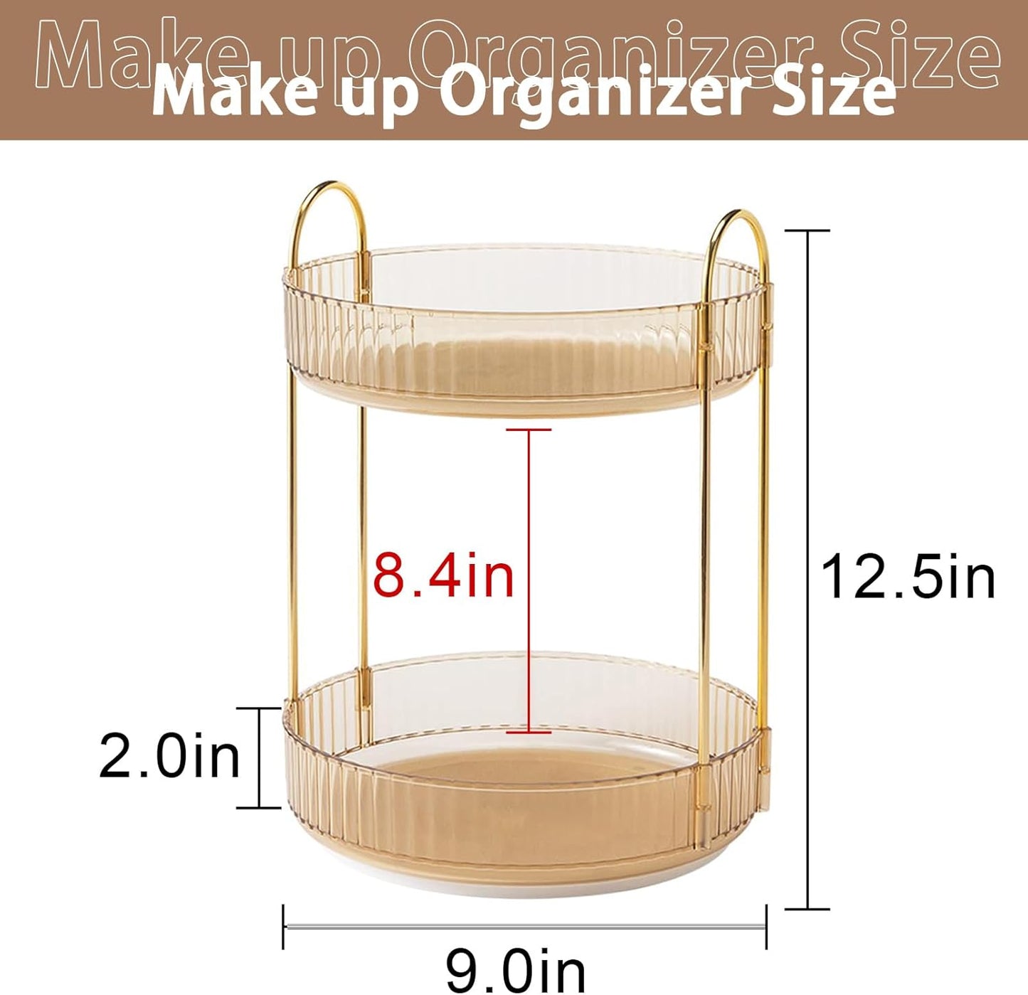 Rotating Makeup Organizer for Vanity, High-Capacity Skincare Clear Make Up Storage Perfume Organizers Cosmetic Dresser Organizer Countertop 360 Spinning (Gold, 2 Tier)