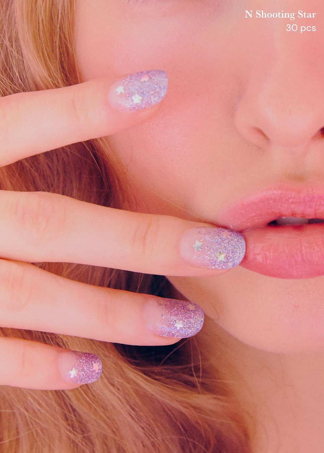 ohora Semi Cured Gel Nail Strips (N Shooting Star) - Purple, Glitter, Works with Any UV/LED Lamps, Salon-Quality, Long Lasting, Easy to Apply & Remove - Includes 2 Prep Pads, Nail File & Wooden Stick