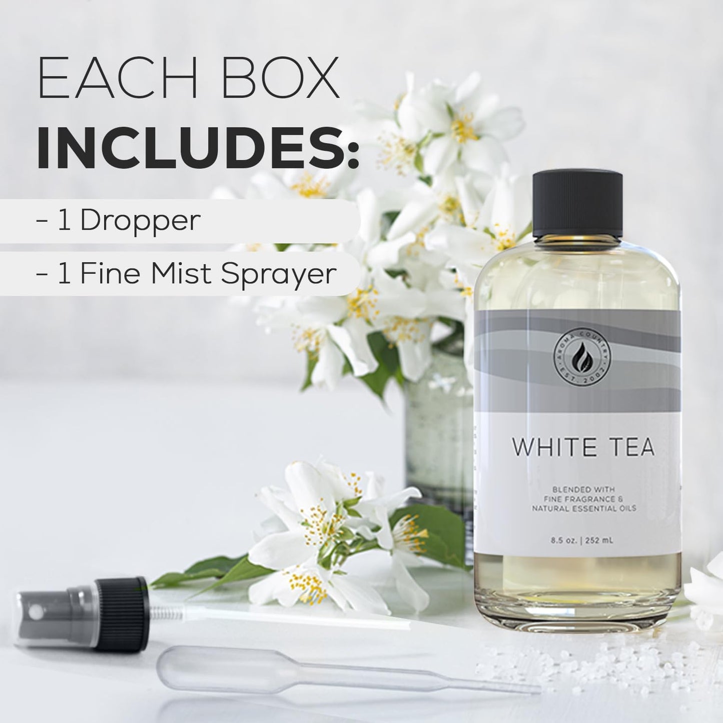 Aroma Country White Tea Diffuser Oil - Luxury Essential Oils for Diffuser Refill & Air Freshener Room Spray, Long-Lasting, Natural Home Fragrance and Hotel Scent for Diffusers & Machines (8.5 Fl Oz)