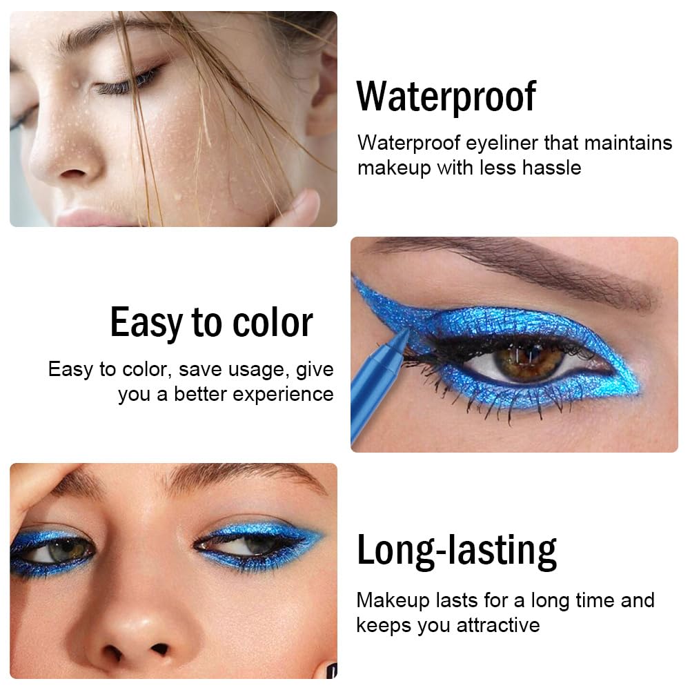 evpct Blue Glitter Eyeliner Pencil for Eyes, Dark Sea Blue Metallic Shimmer Eye Liner Pencil Makeup Waterproof Smudge Proof, Colored Gel Waterline Eyeliner, Face Eye Paint Stick Halloween Makeup 08