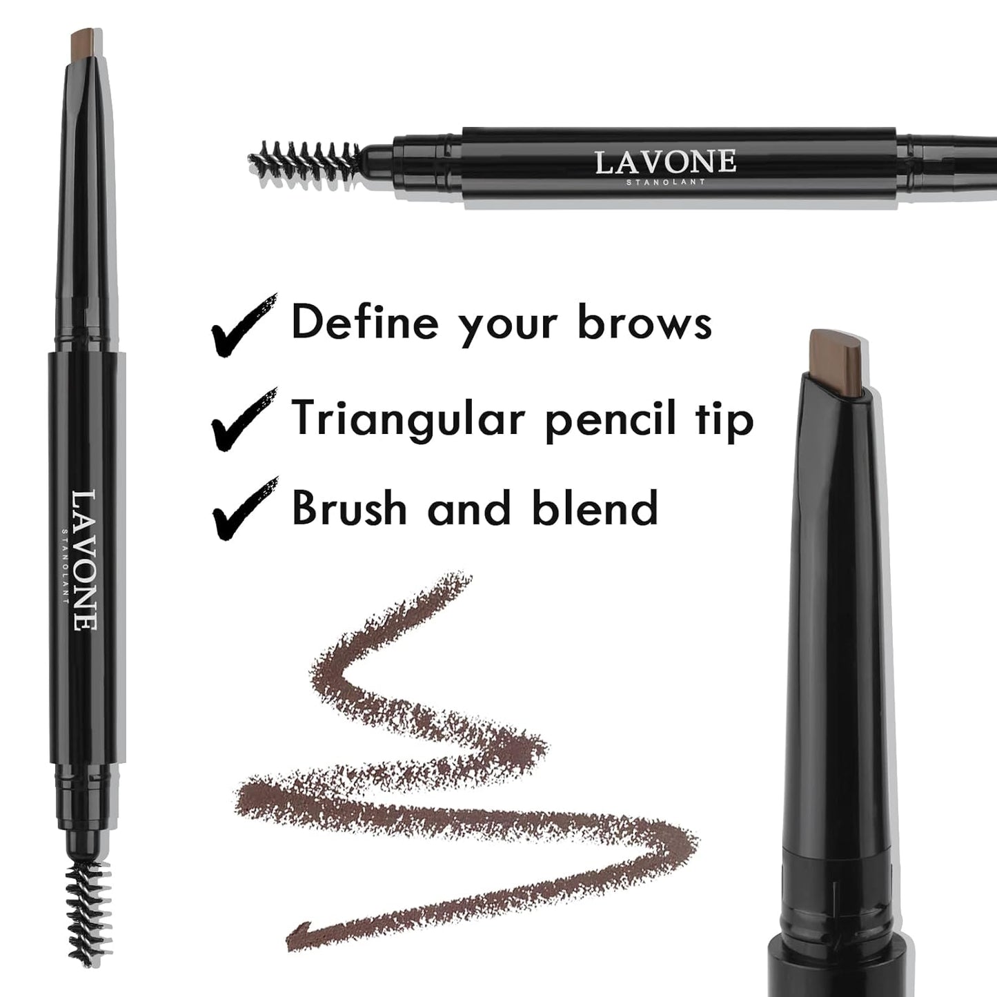 LAVONE Eyebrow Stamp Stencil Kit - Brow Stamp Trio with Waterproof Pencil, Pomade, 20 Stencils, Dual-ended Brush and Sponge Applicator - Brunette