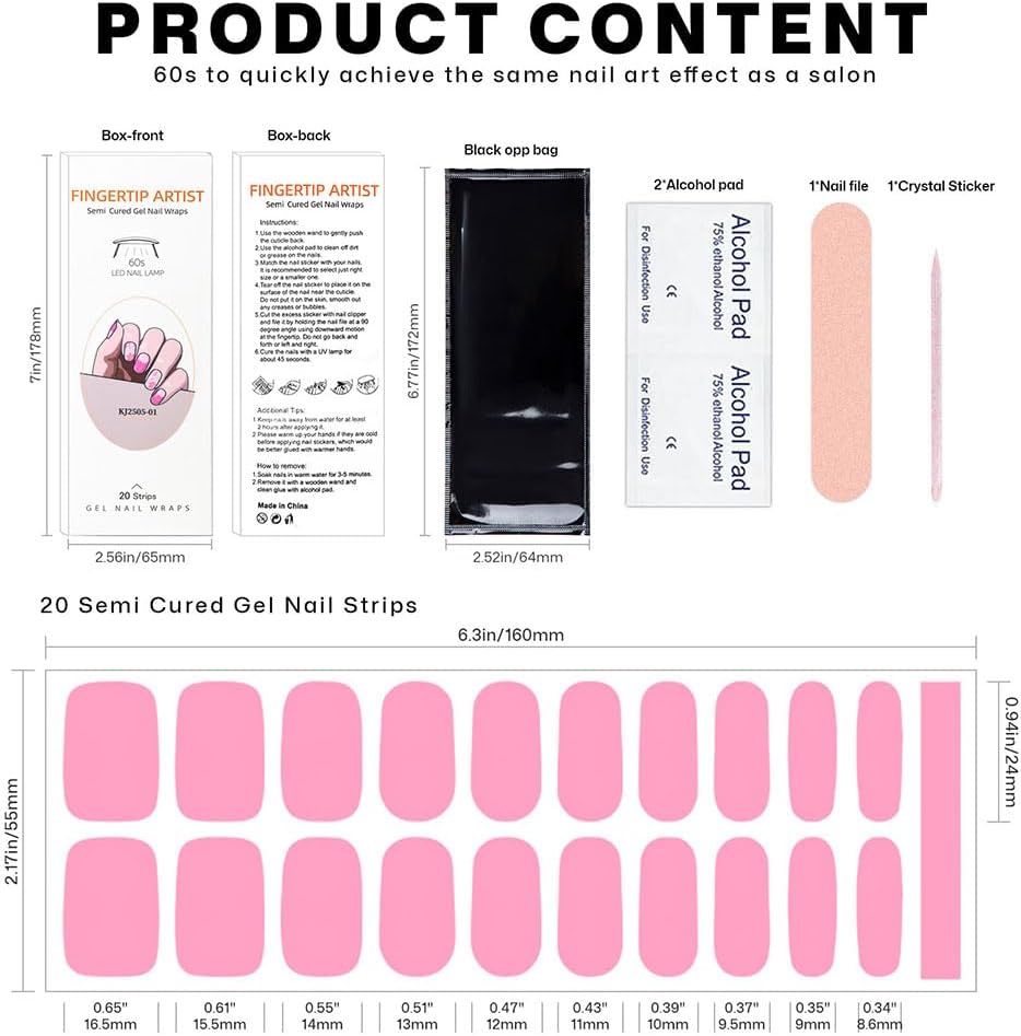 Semi Cured Gel Nail Strips with Colorful Designs Gel nail stickers Glossy Nail strips Salon Quality & Easy to Use 20 Pcs for Women