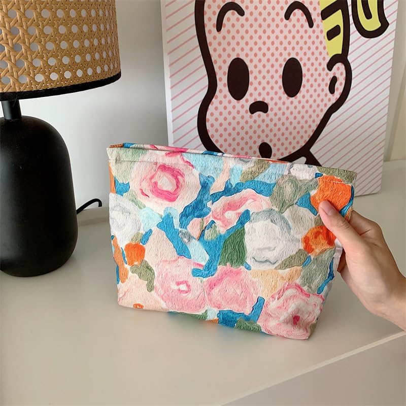 PAZIMIIK Floral Makeup Bag Large Cotton Zipper Pouch for Purse Travel Canvas Make Up Organizer for Women Cosmetic,Garden Orange