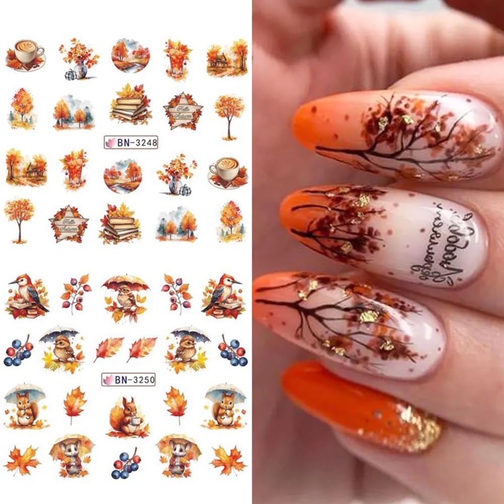Fall Maple Leaf Nail Art Stickers for Thanksgiving Day Accessories - Autumn Water Transfer Decals With Fall Harvest Pumpkin Squirrel Bird Watermark Slider Foils for Women