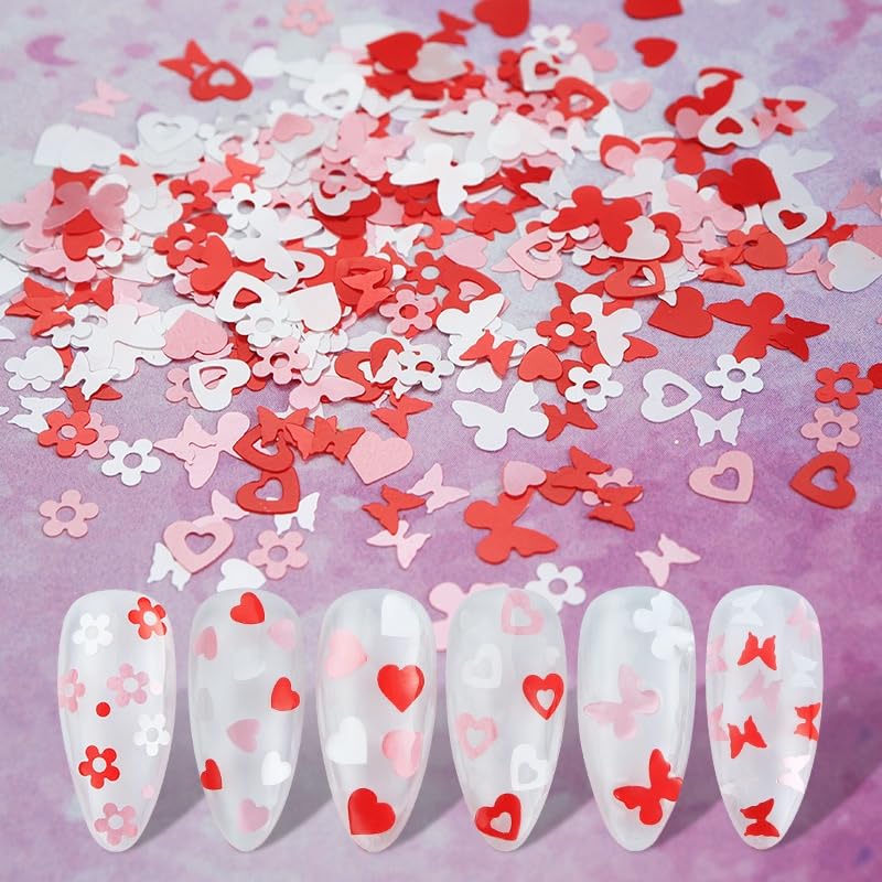 Valentine's Day Nail Art Glitters Sequins, 3 Boxes Holographic Hearts Nail Art Flakes Red Heart Glitter Sticker Decals Mixed Color Hearts Nail Sequins for Manicure DIY Decorations 36 Styles