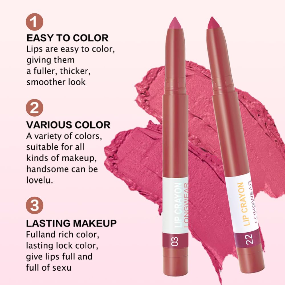 BINGBRUSH Matte Lip Crayon Set – Longwear, Waterproof, Velvet Finish, Built-in Sharpener, Smooth Lip Liner & Gloss (03#+22#, 2 Count (Pack of 1))