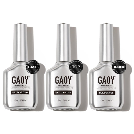 GAOY Gel Top Coat, Builder Gel and Base Coat Set, 3 Pcs 16ml Clear Glossy No Wipe Combination for UV Light Cure