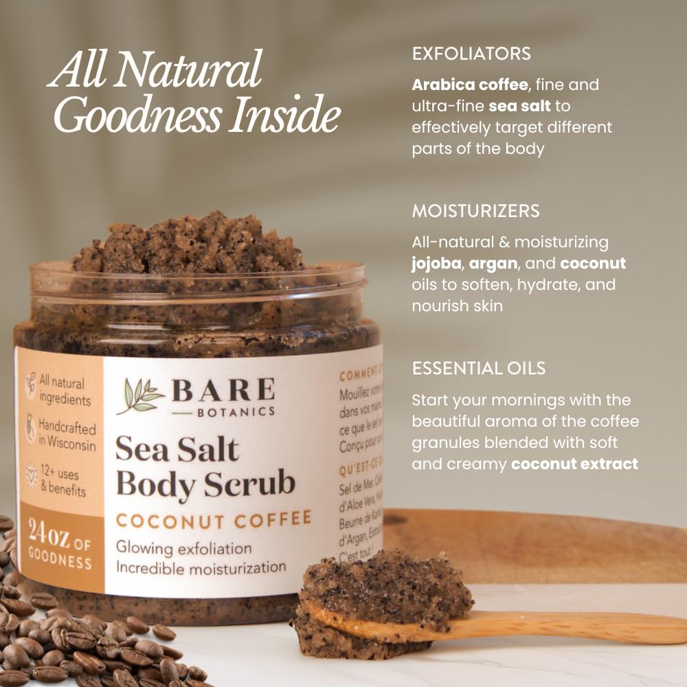 Bare Botanics Coconut Coffee Body Scrub 24oz | Made in Madison, WI | All Natural Sea Salt Exfoliator w/ Skin Loving Moisturizers | Vegan & Cruelty Free | Gift Ready Packaging w/ a Cute Wooden Spoon