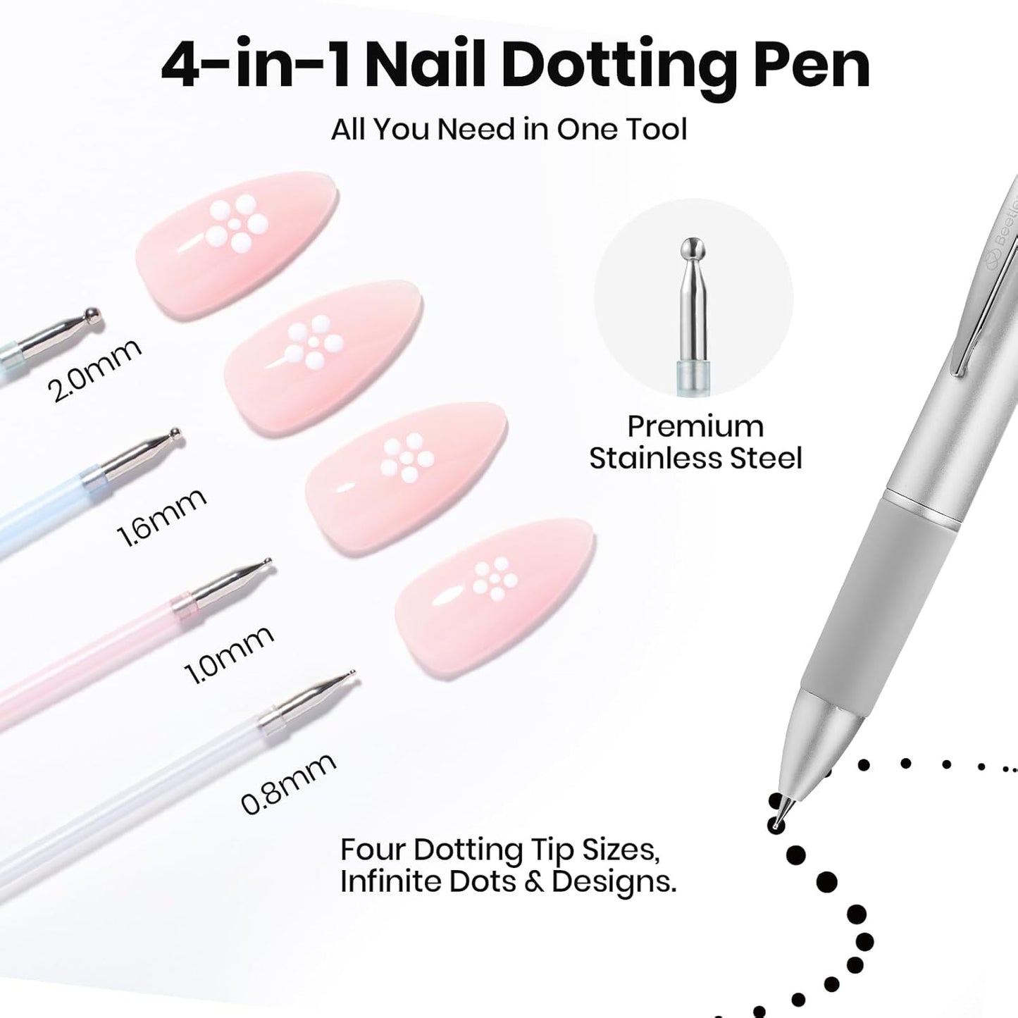 Beetles Nail Dotting Pen 4-in-1 Manicure Art Tools in Ballpoint Design with Size Marking and Pressing Head Double-end Nail Dotting Tool, Pefect for Dottings Painting Gems Chrome Powder DIY and Salon