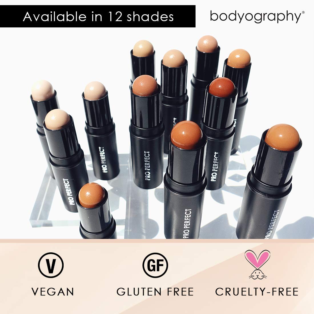 Bodyography Pro Perfect Foundation Stick - Demi-Matte Finish with A Natural Look - Enhancer for Concealing, Highlighting, and Contouring - Vitamin C & E (Chai)