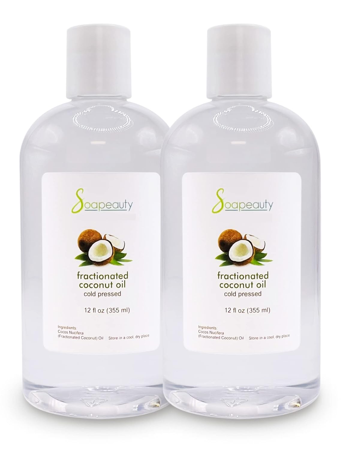 Soapeauty FRACTIONATED COCONUT OIL Cold Pressed Refined | 100% Natural Available in Bulk | Carrier for Essential Oils, Face, Skin, Hair Moisturizer, Soap Making | 24 fl oz (Pack of 2 x 12 fl oz)