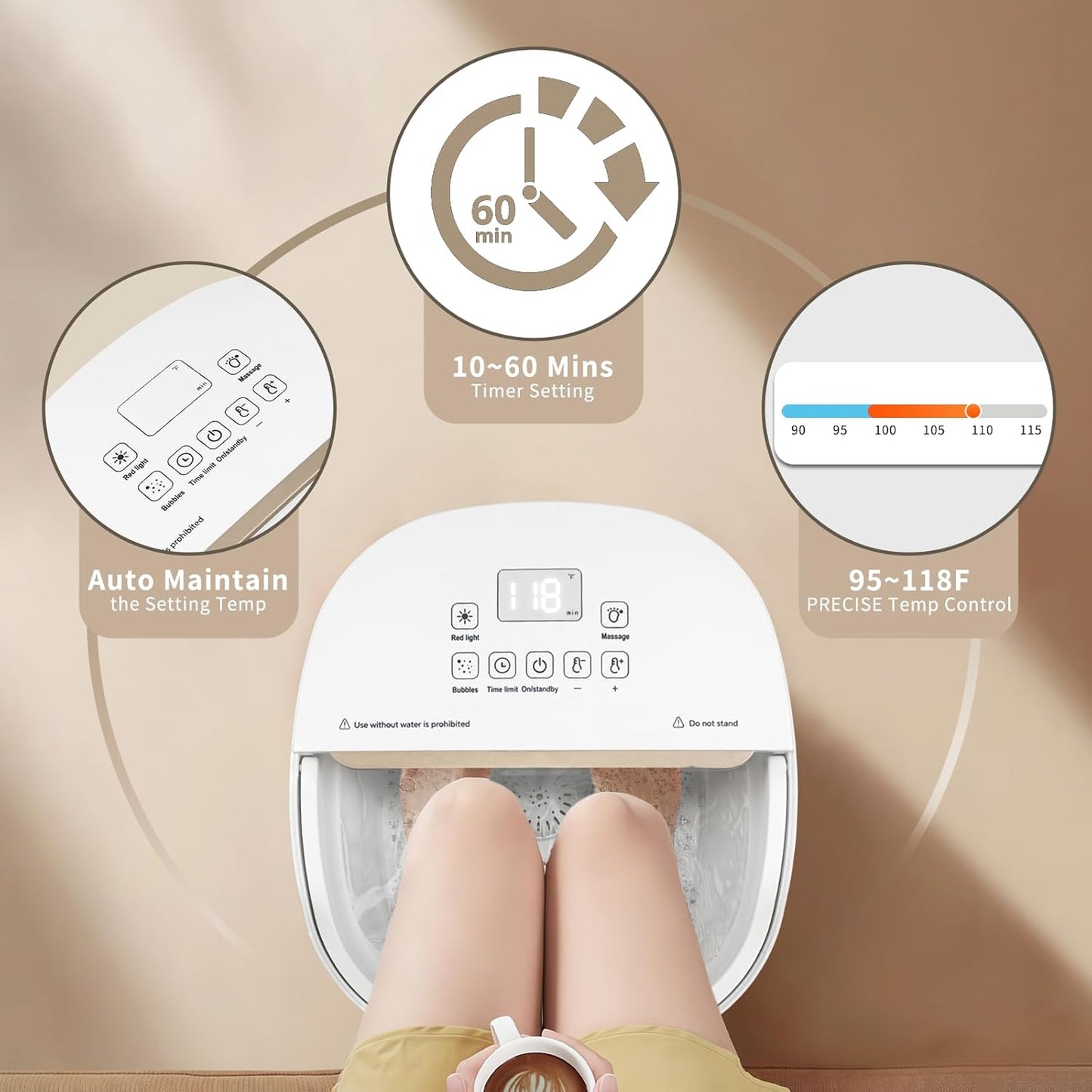 Collapasible Foot Spa Bath Massager with Heat, Pedicure Foot Spa with Bubbles/Timer/Temperature Control, Feet Soak Tub for Home, Office, Relaxation and Stress Relief, Gift for Men and Women (White)