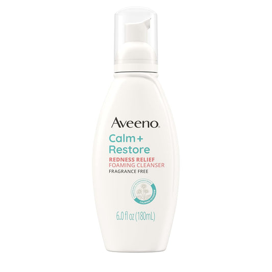 Aveeno Calm + Restore Redness Relief Foaming Cleanser, Daily Facial Cleanser With Calming Feverfew to Help Reduce the Appearance of Redness, Hypoallergenic & Fragrance-Free, 6 fl. oz