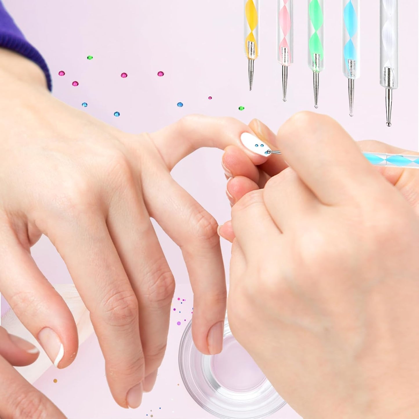 Nail Art Brush 22 Piece Set, 2 Way Acrylic Silicone Engraving Pen Dotting Pen Tools Nail Art Kit, Resin Nail Art Palette, For Nail Art DIY Home Salon Makeup Display Board (White)