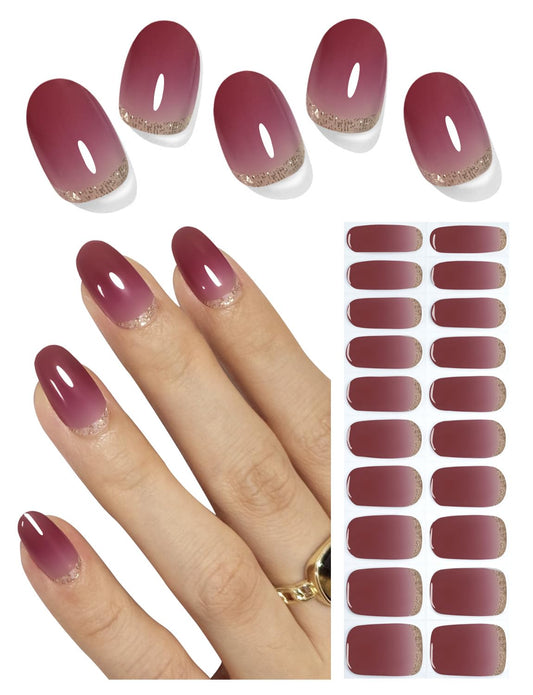 Semi Cured Gel Nail Strips, 20pcs Plum Ombre, Glitter, Gel Nail Stickers UV for Home Nails DIY