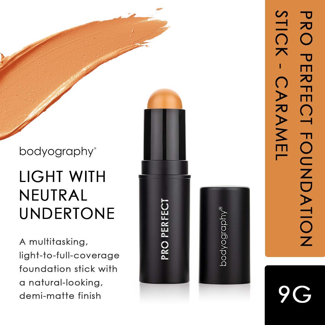 Bodyography Pro Perfect Foundation Stick - Demi-Matte Finish with A Natural Look - Enhancer for Concealing, Highlighting, and Contouring - Vitamin C & E (Caramel)