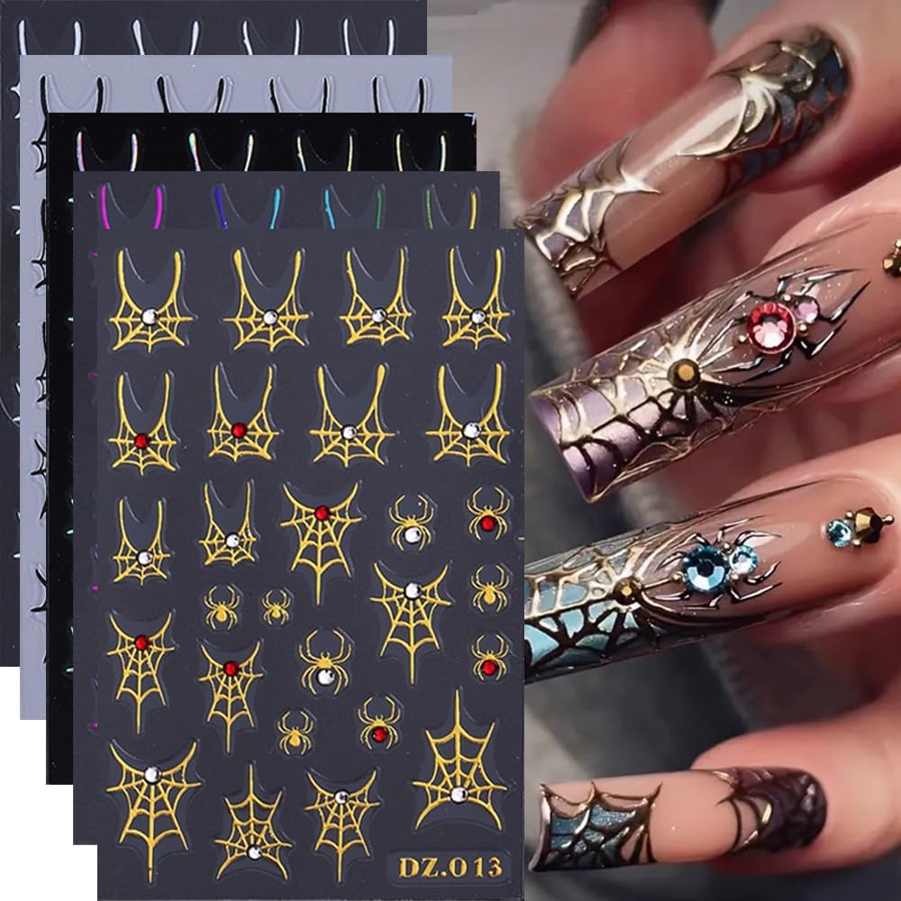 5Sheets 5D Embossed Nail Stickers, Halloween Spider Web with Rhinestone Design Self-Adhesive Nail Decals, White, Black, Rainbow, Gold, Laser Silver Nails Adhesive Sliders for Women Art Decorations