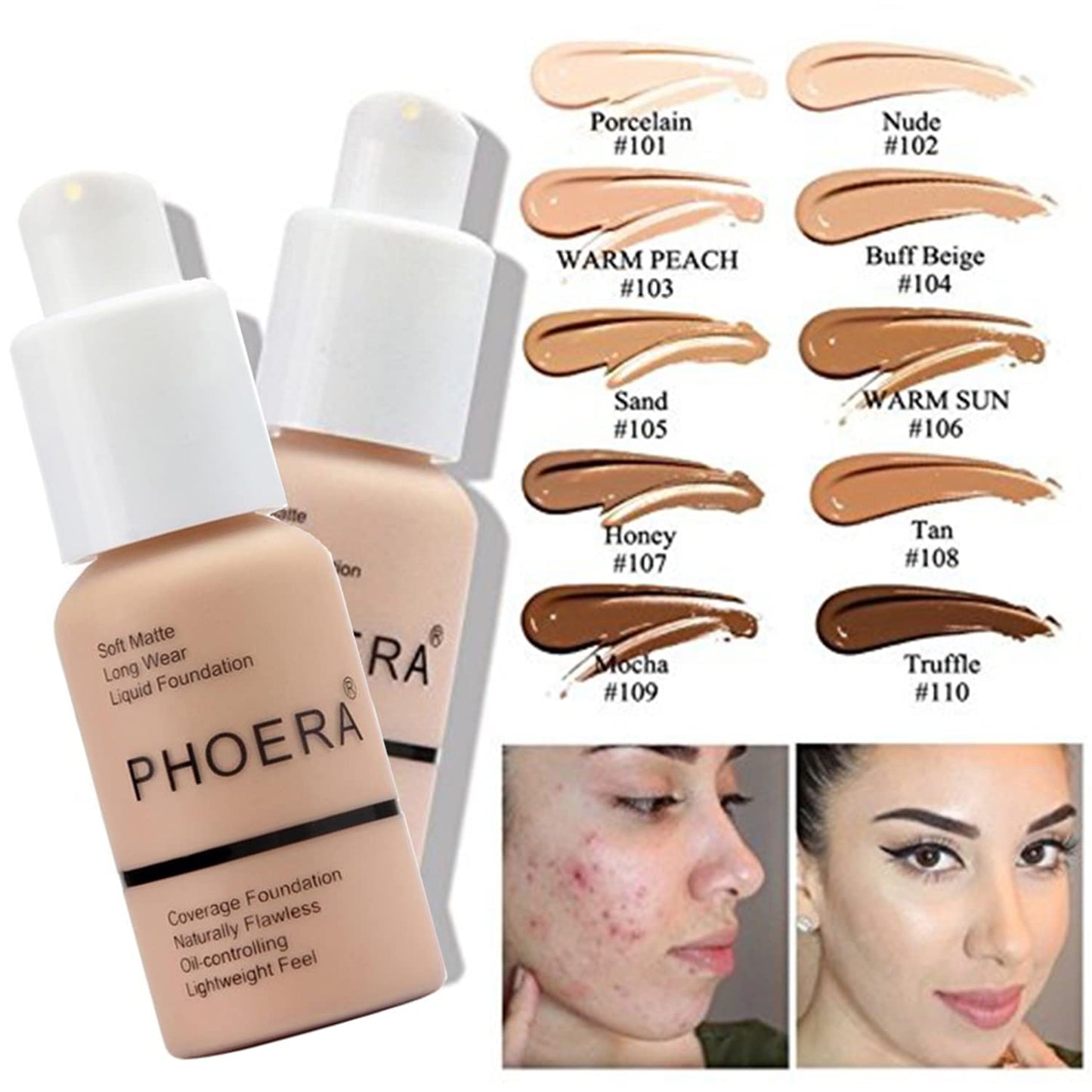 PHOERA Foundation, PHOERA Matte Liquid Foundation,PHOERA Makeup for Women, PHOERA Foundation Full Coverage Concealer, 30ml 24HR Matte Oil Control Concealer (103+104/Warm peach+Buff Beige)