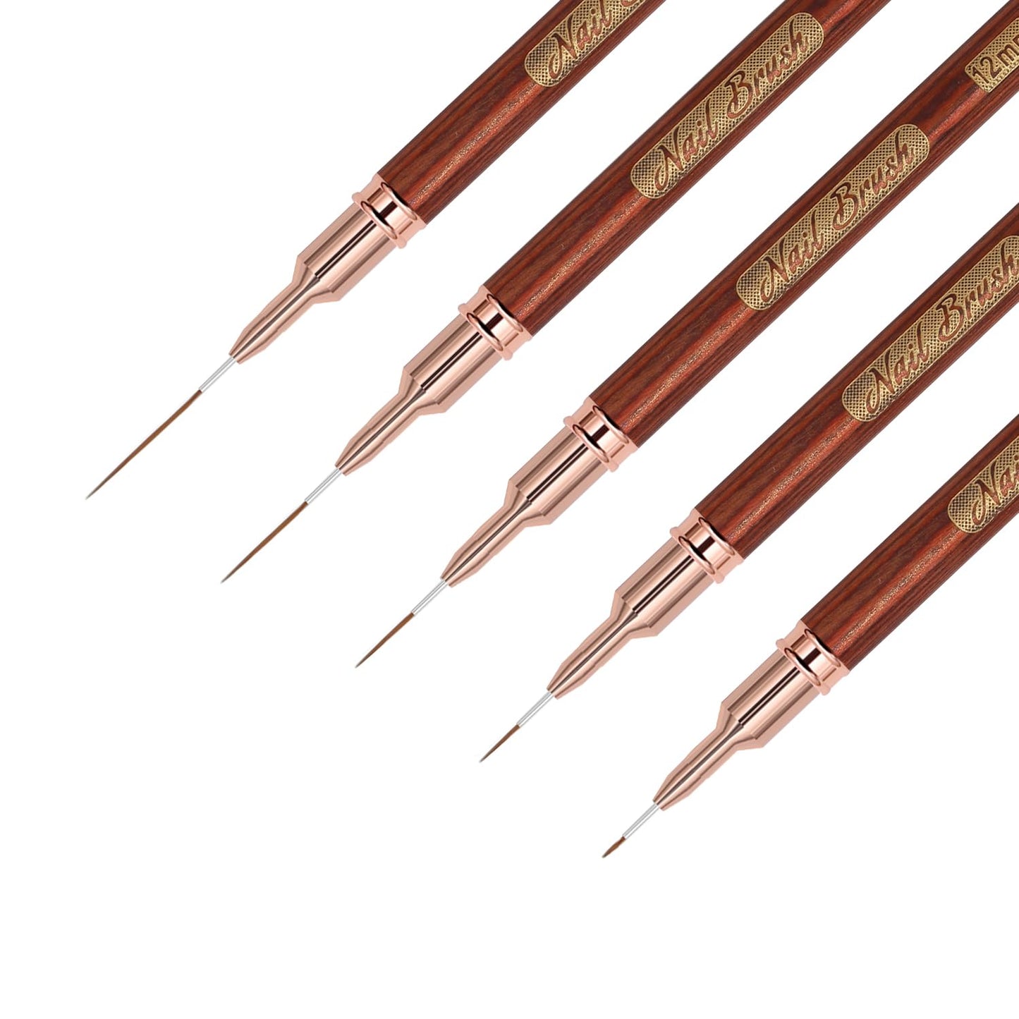 Wooden Nail Art Brushes, 5Pcs Nail Art Liner Brushes, Painting Art Design Brush Set Nail Dotting Drawing Tool for Long Lines, Thin Details, Fine Drawing Sizes 6/9/12/15/18mm, Rose gold