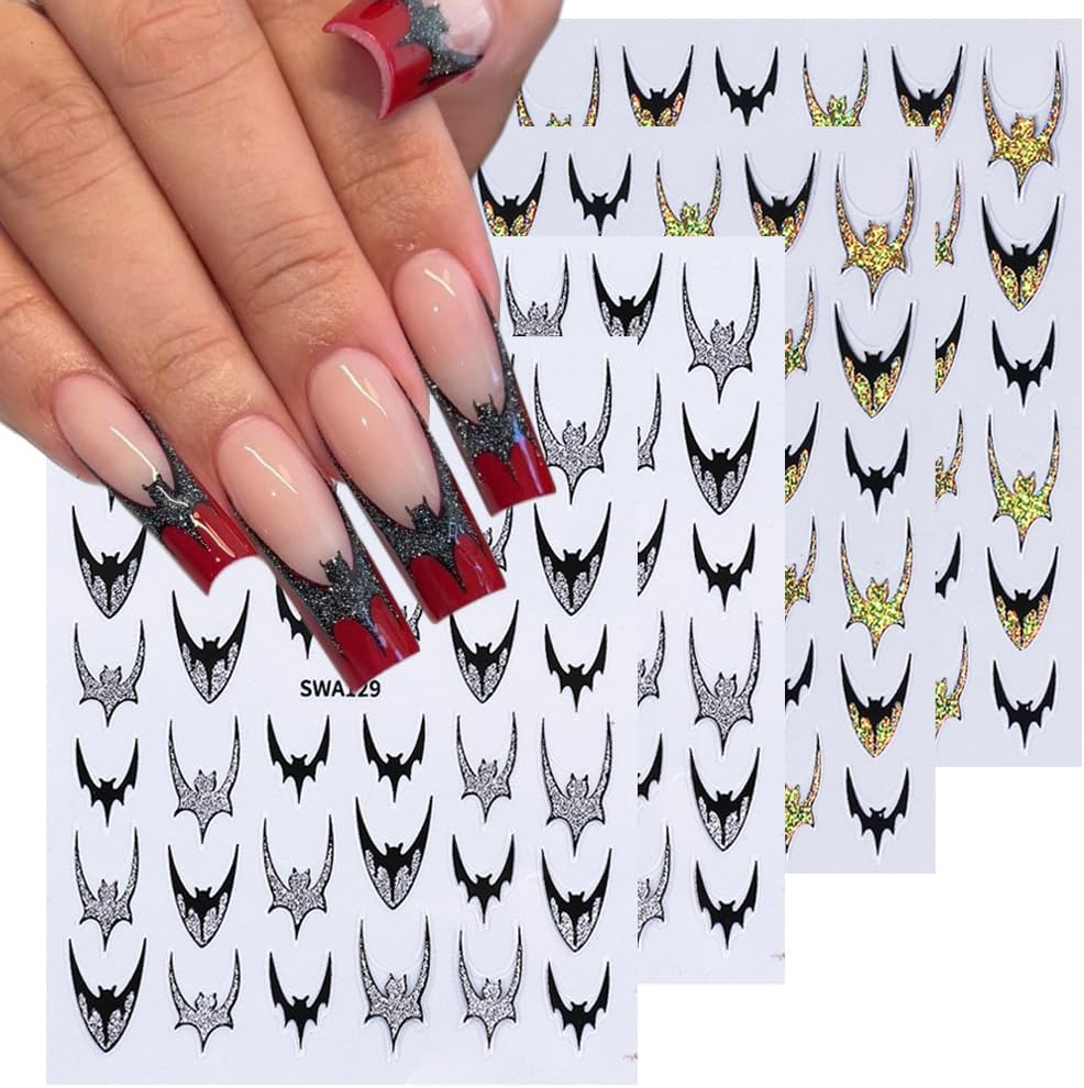 4Pcs Gothic Halloween Nail Art Stickers - Self-Adhesive Black Bat Wing Stickers, Gold/Silver/Glitters Nail Decals, Halloween Nail Art Decals for Manicure, Parties, Everyday Gothic Nail Decorations