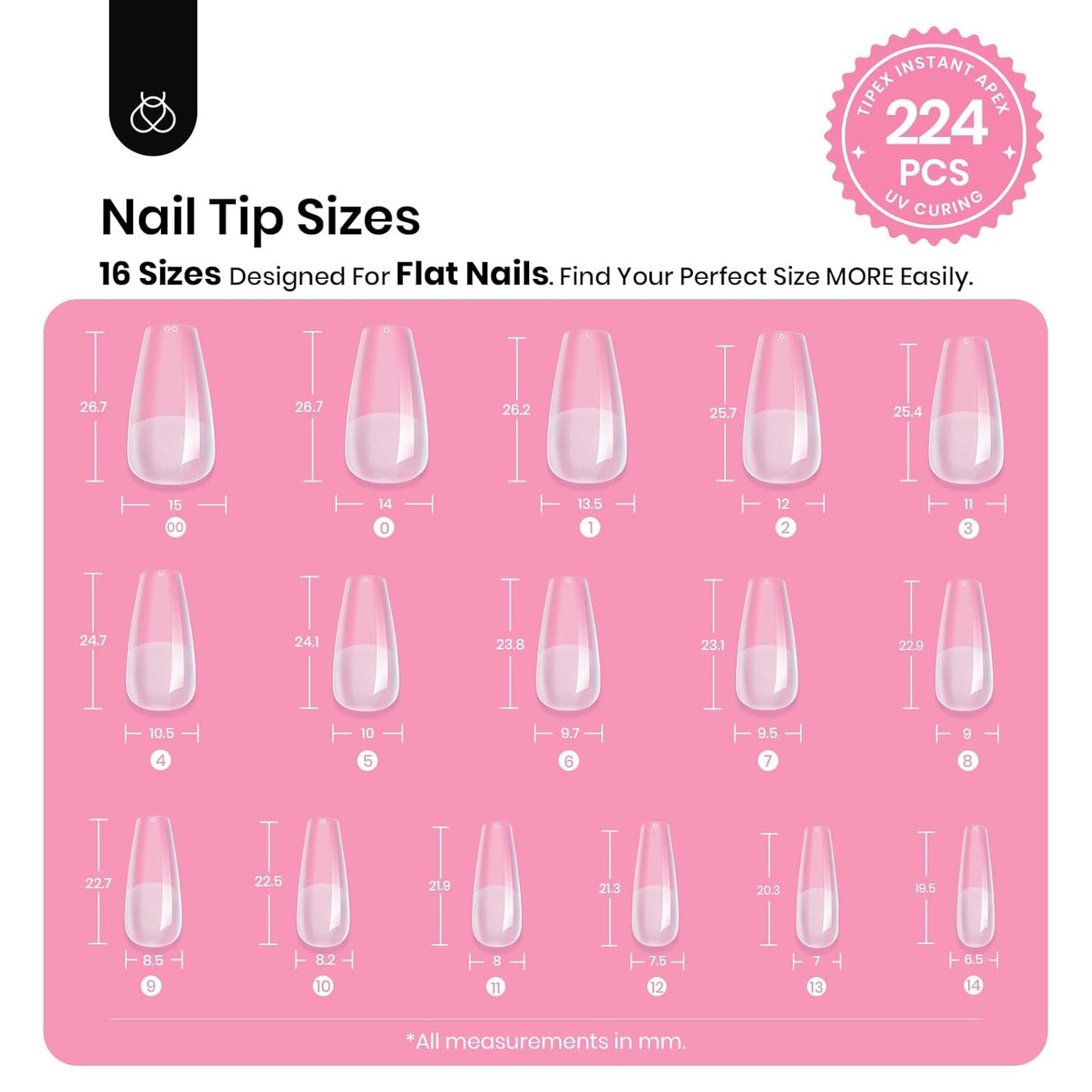 Beetles Tipex Gel Nail Kit with 224Pcs 16Sizes Medium Coffin Apex Nail Tips C Curved , Pre-building Acrylic Nails with Tipex Nail Glue，Mini Nail Lamp, Nail File for DIY Nails or Salon Use