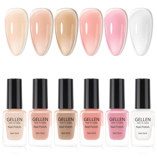 GELLEN Sheer Nude Jelly Nail Polish Not UV Gel, Neutual Regular Nail Polish, Translucent Nude Pink Milky White 6 Colors Set for Acrylic Natural Nails Home Salon, Quick Air Dry, Hema Free, Non-toxic